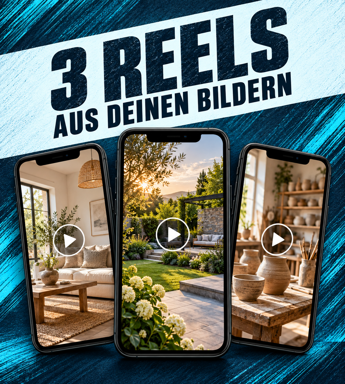 Produktmotiv: drei Reels aus eigenen Bildern im türkisen Social-Fanclick-Stil